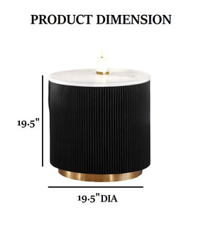 English Elm Contemporary Round End Table With White Marble Top & Gold Accents - Stylish Black Plinth Base B2741P395388