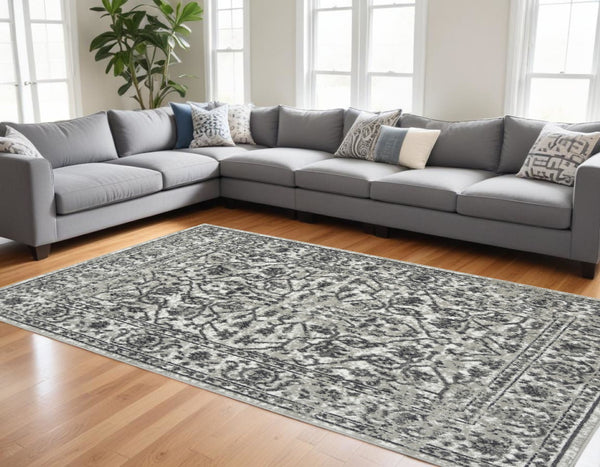 HomeRoots 10' Elegant Ivory Gray Floral Area Rug – Durable, Stain Resistant, Perfect for Family Living Spaces 6' X 9' 531750