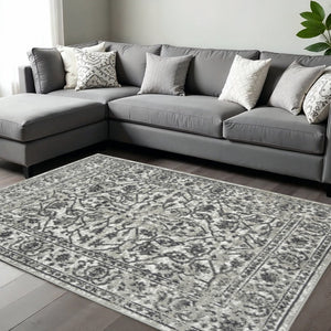 HomeRoots 10' Elegant Ivory Gray Floral Area Rug – Durable, Stain Resistant, Perfect for Family Living Spaces 9' X 12' 531753