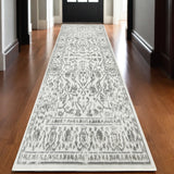 Homeroots 10' Gray And Light Gray Floral Power Loom Runner Rug  Polypropylene 531756