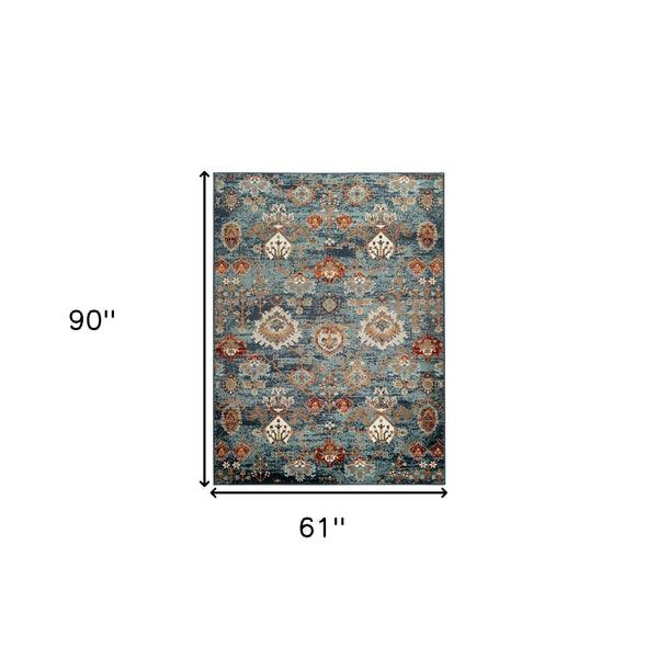 Homeroots 5' X 8' Teal Rust And Orange Oriental Power Loom Area Rug  Polypropylene 531771