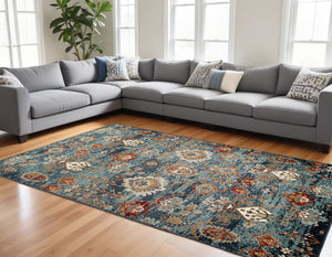 Homeroots 9' X 12' Teal Rust And Orange Oriental Power Loom Area Rug  Polypropylene 531773