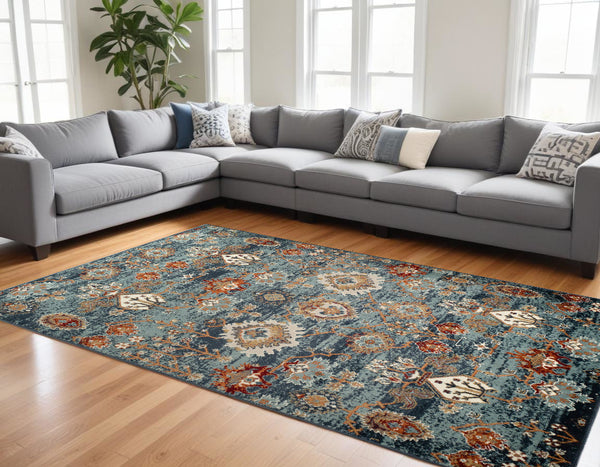 Homeroots 9' X 12' Teal Rust And Orange Oriental Power Loom Area Rug  Polypropylene 531773