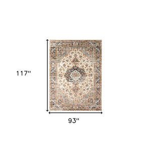 HomeRoots 8' Elegant Ivory Navy and Orange Medallion Area Rug – Durable, Stain-Resistant, Perfect for Families 8' X 10' 531780