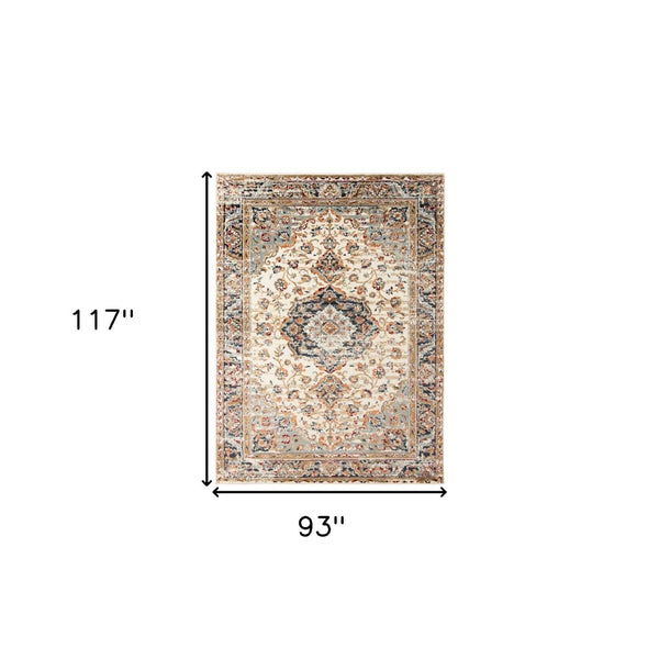 HomeRoots 8' Elegant Ivory Navy and Orange Medallion Area Rug – Durable, Stain-Resistant, Perfect for Families 8' X 10' 531780
