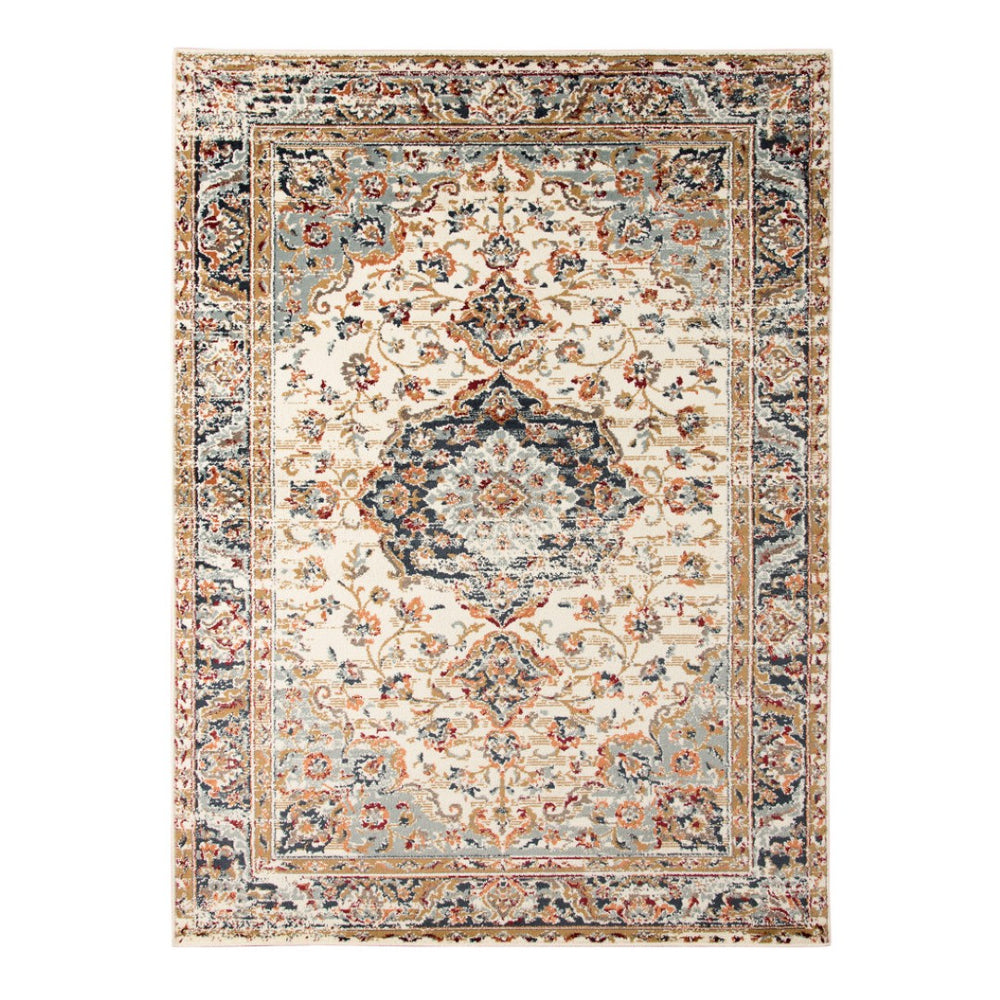 HomeRoots 8' Elegant Ivory Navy and Orange Medallion Area Rug – Durable, Stain-Resistant, Perfect for Families 9' X 12' 531781