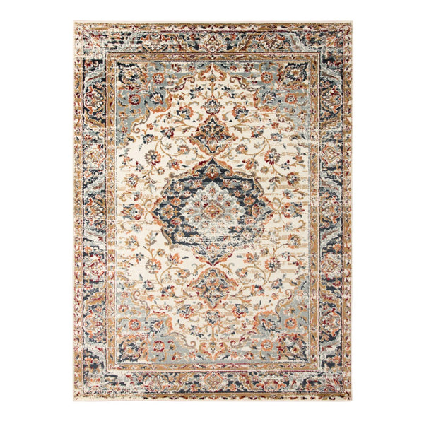 HomeRoots 8' Elegant Ivory Navy and Orange Medallion Area Rug – Durable, Stain-Resistant, Perfect for Families 9' X 12' 531781