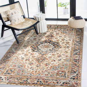 HomeRoots 8' Elegant Ivory Navy and Orange Medallion Area Rug – Durable, Stain-Resistant, Perfect for Families 9' X 12' 531781