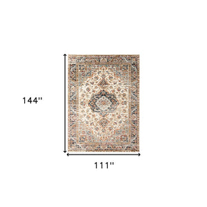 HomeRoots 8' Elegant Ivory Navy and Orange Medallion Area Rug – Durable, Stain-Resistant, Perfect for Families 9' X 12' 531781