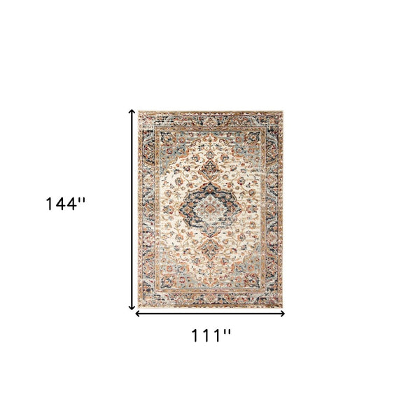 HomeRoots 8' Elegant Ivory Navy and Orange Medallion Area Rug – Durable, Stain-Resistant, Perfect for Families 9' X 12' 531781