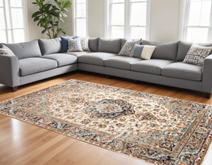 HomeRoots 8' Elegant Ivory Navy and Orange Medallion Area Rug – Durable, Stain-Resistant, Perfect for Families 9' X 12' 531781