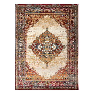 HomeRoots 8' Medallion Area Rug in Ivory, Red, and Orange - Durable, Stain-Resistant, Ideal for High-Traffic Spaces 8' X 10' 531784