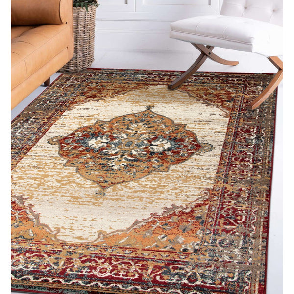 HomeRoots 8' Medallion Area Rug in Ivory, Red, and Orange - Durable, Stain-Resistant, Ideal for High-Traffic Spaces 8' X 10' 531784