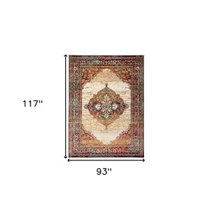 HomeRoots 8' Medallion Area Rug in Ivory, Red, and Orange - Durable, Stain-Resistant, Ideal for High-Traffic Spaces 8' X 10' 531784
