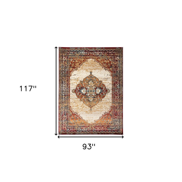 HomeRoots 8' Medallion Area Rug in Ivory, Red, and Orange - Durable, Stain-Resistant, Ideal for High-Traffic Spaces 8' X 10' 531784