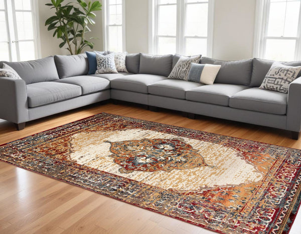 HomeRoots 8' Medallion Area Rug in Ivory, Red, and Orange - Durable, Stain-Resistant, Ideal for High-Traffic Spaces 8' X 10' 531784