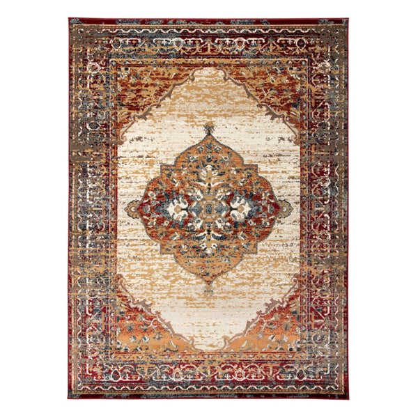 HomeRoots 8' Medallion Area Rug in Ivory, Red, and Orange - Durable, Stain-Resistant, Ideal for High-Traffic Spaces 9' X 12' 531785