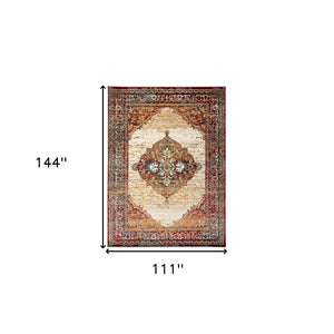 HomeRoots 8' Medallion Area Rug in Ivory, Red, and Orange - Durable, Stain-Resistant, Ideal for High-Traffic Spaces 9' X 12' 531785