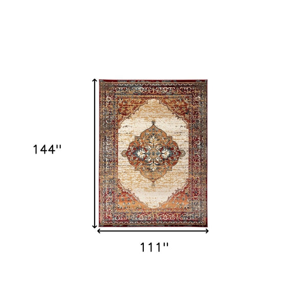HomeRoots 8' Medallion Area Rug in Ivory, Red, and Orange - Durable, Stain-Resistant, Ideal for High-Traffic Spaces 9' X 12' 531785