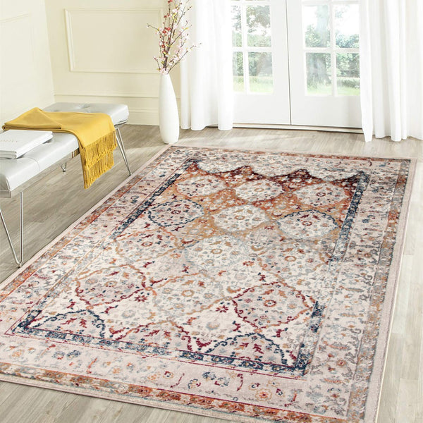HomeRoots 8' Beige Rust and Navy Floral Medallion Area Rug – Timeless Power Loom Design for Any Space 9' X 12' 531789