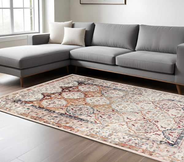 HomeRoots 8' Beige Rust and Navy Floral Medallion Area Rug – Timeless Power Loom Design for Any Space 9' X 12' 531789