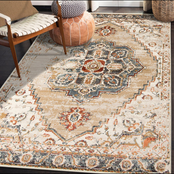 HomeRoots 8' Ivory Tan and Gold Medallion Area Rug - Elegant Power Loomed Design for Timeless Home Style 8' X 10' 531796