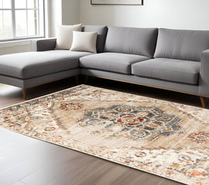 HomeRoots 8' Ivory Tan and Gold Medallion Area Rug - Elegant Power Loomed Design for Timeless Home Style 8' X 10' 531796