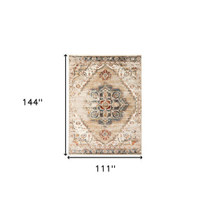 HomeRoots 8' Ivory Tan and Gold Medallion Area Rug - Elegant Power Loomed Design for Timeless Home Style 9' X 12' 531797