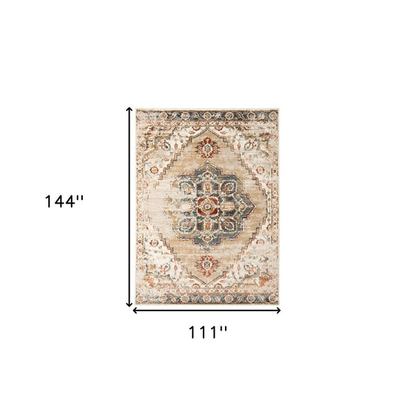 HomeRoots 8' Ivory Tan and Gold Medallion Area Rug - Elegant Power Loomed Design for Timeless Home Style 9' X 12' 531797