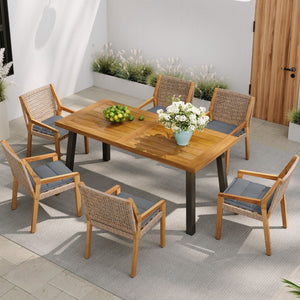 English Elm Modern Acacia Wood Wicker Armchair Outdoor Dining Set Seats Six on Patio N770PS797R192