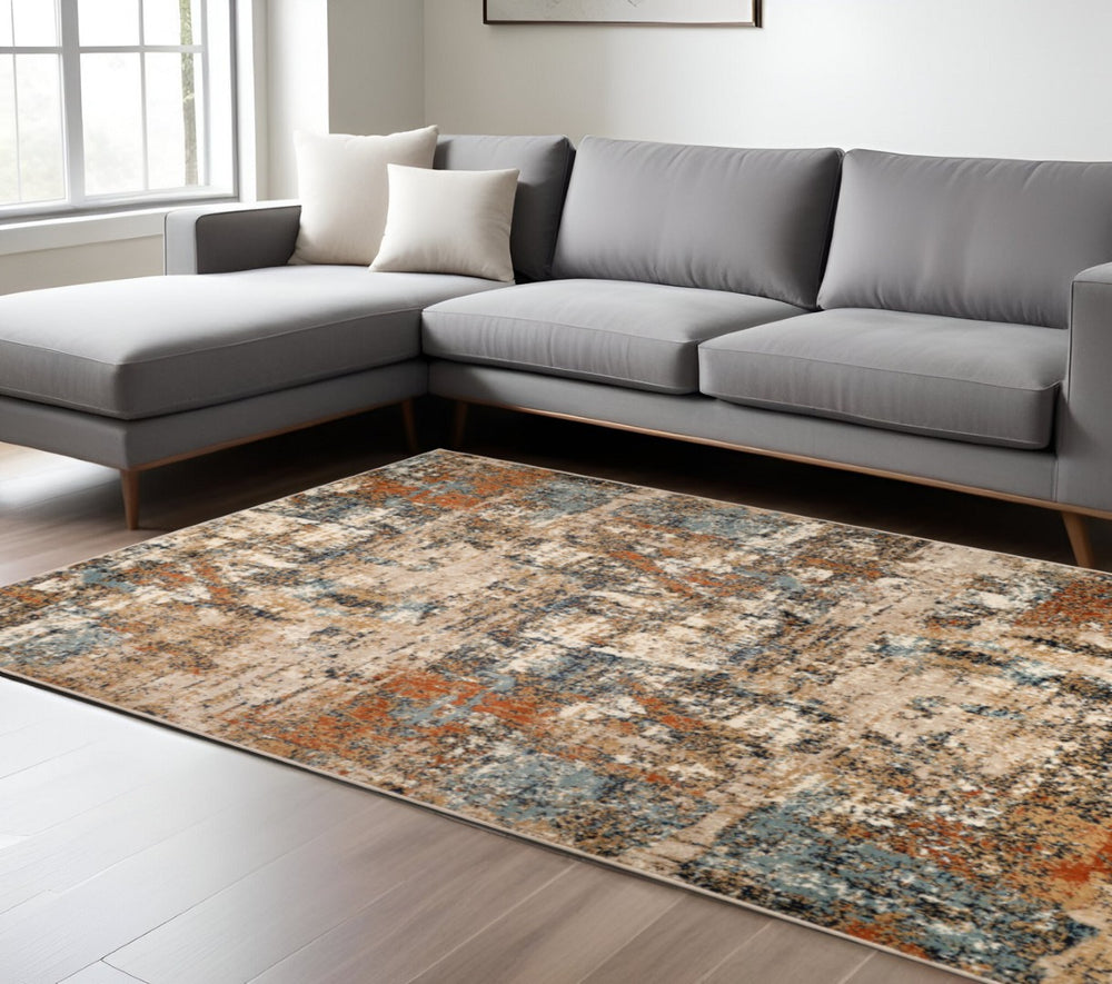 HomeRoots 8' Abstract Tan, Orange, and Gray Power Loom Area Rug - Durable, Stain-Resistant, Stylish Décor Solution 8' X 10' 531804