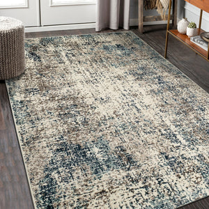 HomeRoots 8' Abstract Ivory Blue and Gray Area Rug – Contemporary Style, Durable, Soft, and Easy Care for Homes 8' X 10' 531808