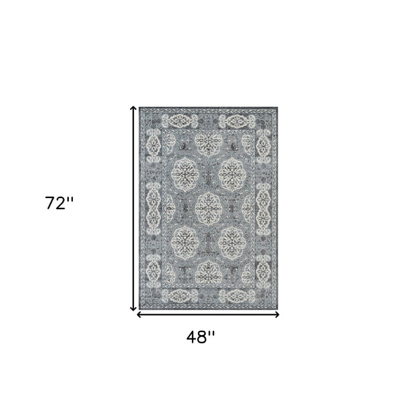 Homeroots 4' X 6' Charcoal And Ivory Medallion Power Loom Area Rug  Polypropylene 531812