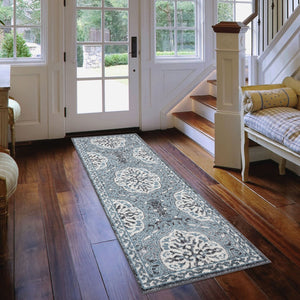 Homeroots 10' Charcoal And Ivory Medallion Power Loom Runner Rug  Polypropylene 531813