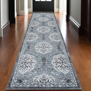 Homeroots 10' Charcoal And Ivory Medallion Power Loom Runner Rug  Polypropylene 531813