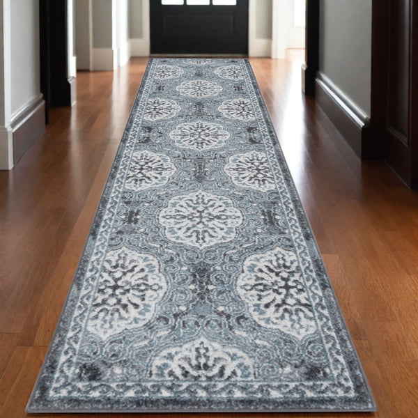 Homeroots 10' Charcoal And Ivory Medallion Power Loom Runner Rug  Polypropylene 531813