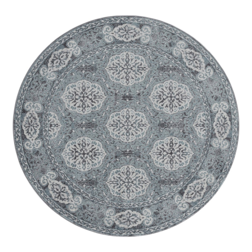 HomeRoots 5' Elegant Charcoal and Ivory Medallion Area Rug - Durable, Stain-Resistant for Busy Homes 6' Round 531815