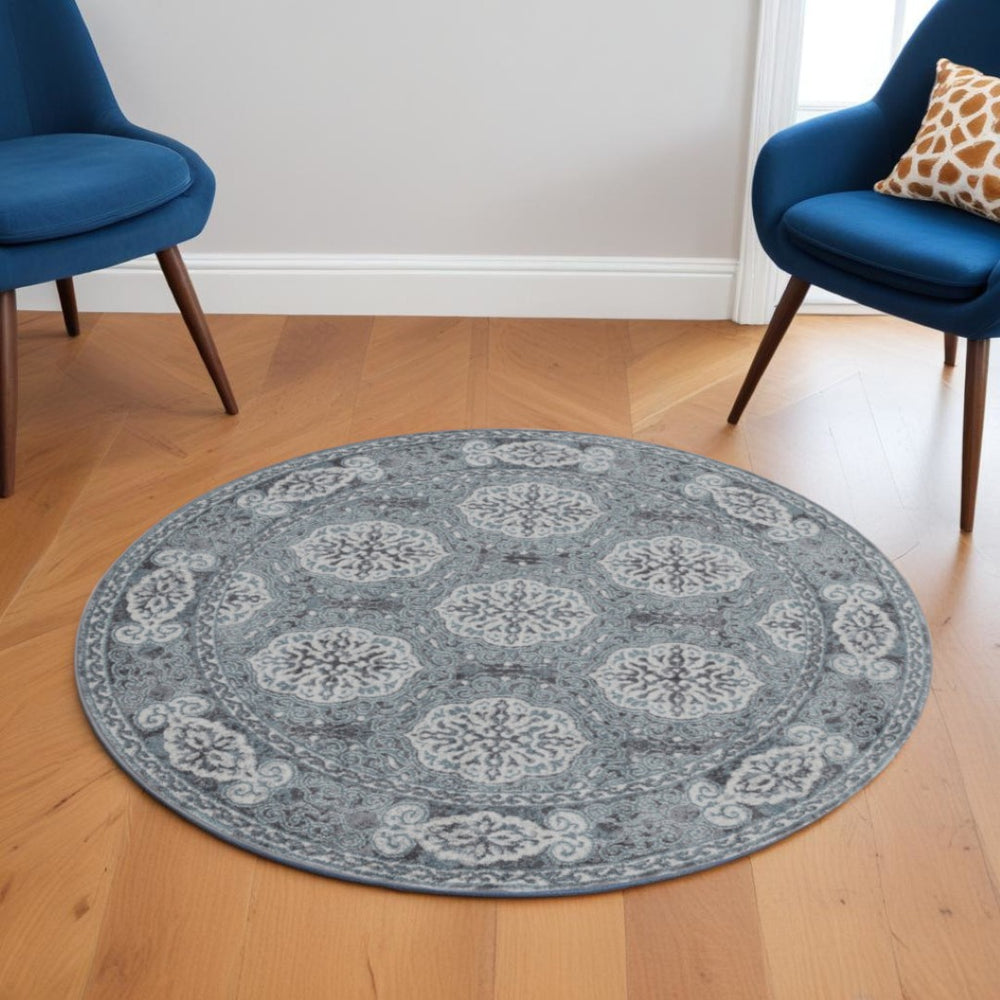 HomeRoots 5' Elegant Charcoal and Ivory Medallion Area Rug - Durable, Stain-Resistant for Busy Homes 6' Round 531815
