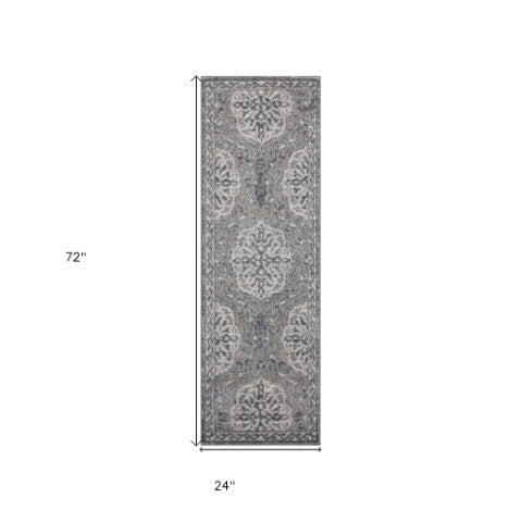 Homeroots 6' Charcoal And Ivory Medallion Power Loom Runner Rug - Stylish, Stain-resistant Design For Any Space 2' X 6' Polypropylene 531819