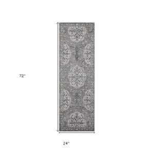Homeroots 6' Charcoal And Ivory Medallion Power Loom Runner Rug - Stylish, Stain-resistant Design For Any Space 2' X 6' Polypropylene 531819