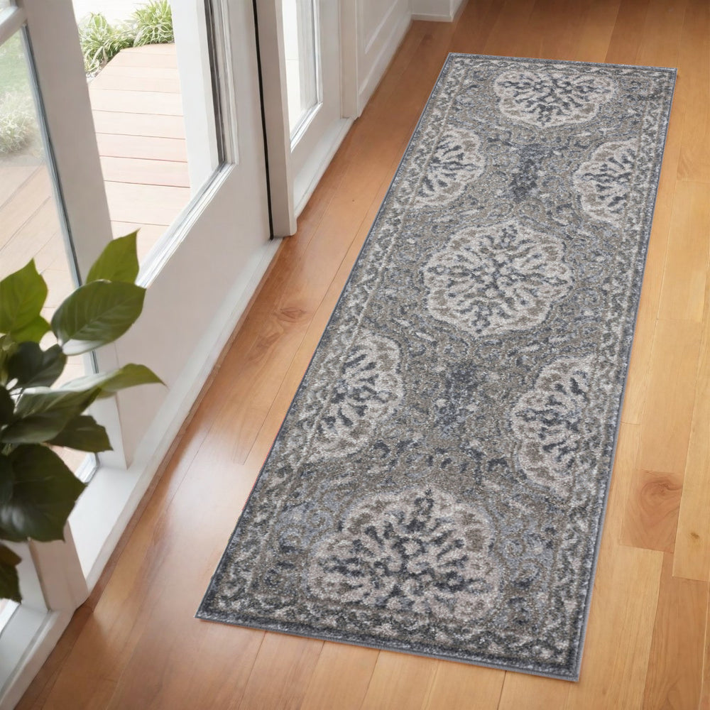 Homeroots 6' Charcoal And Ivory Medallion Power Loom Runner Rug - Stylish, Stain-resistant Design For Any Space 2' X 6' Polypropylene 531819