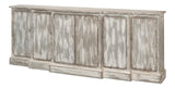 Waterfall Front Credenza - Distressed Grey/White Finish, Solid Pine Wood & Elegant Cast Metal Pulls