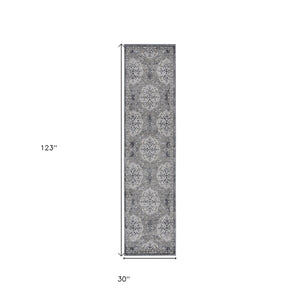 Homeroots 10' Charcoal And Gray Medallion Power Loom Runner Rug  Polypropylene 531821