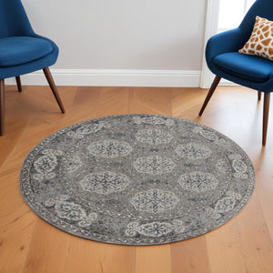 Homeroots 6' Charcoal And Gray Medallion Power Loom Round Rug  Polypropylene 531823