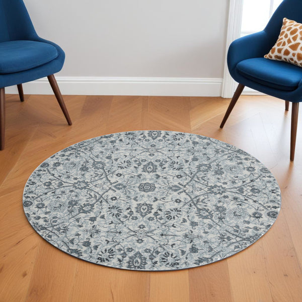 Homeroots 6' Charcoal And Gray Floral Power Loom Round Rug  Polypropylene 531831
