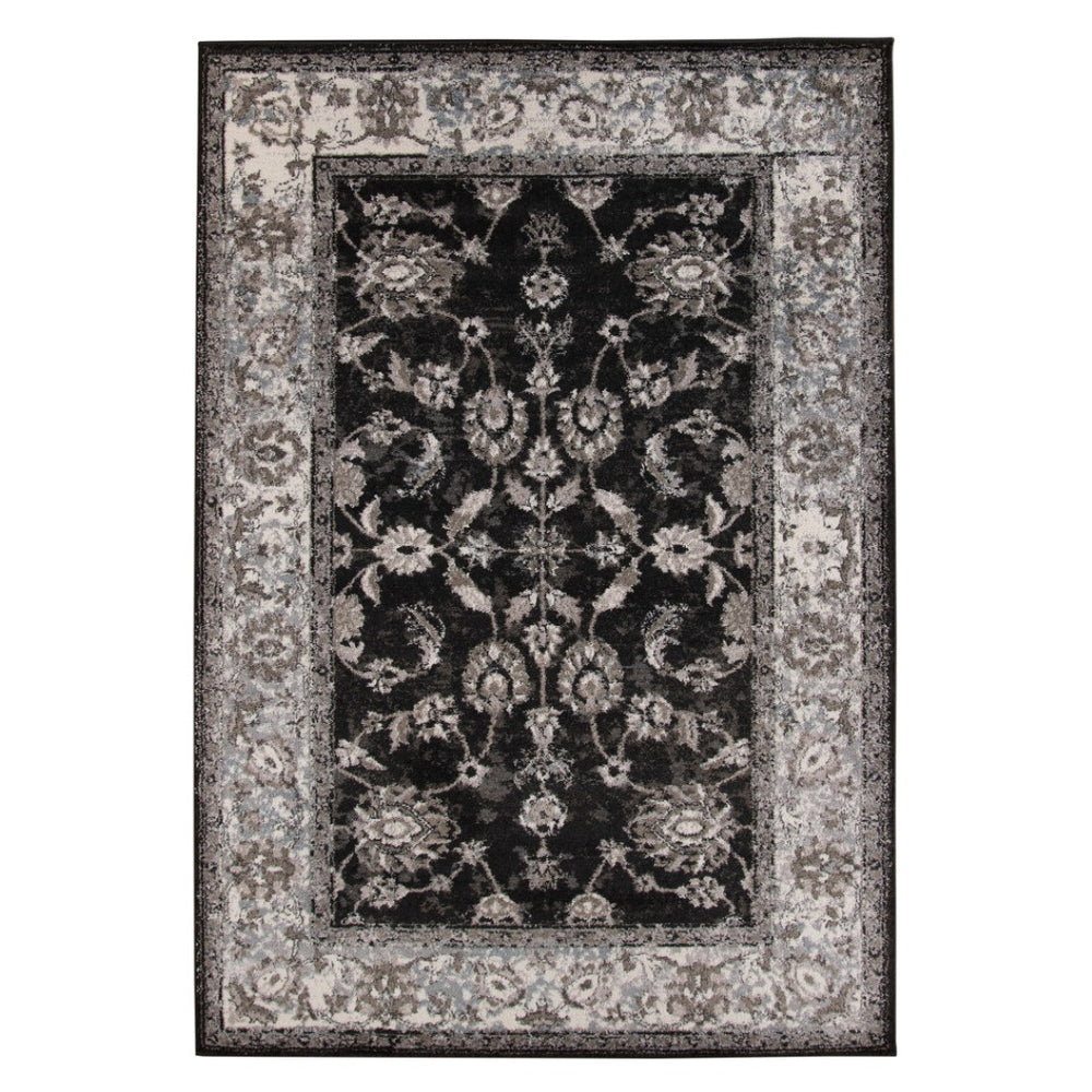 HomeRoots 5' Timeless Ivory, Black & Gray Oriental Area Rug - Durable, Stain-Resistant Elegance for Any Room 5' X 8' 531838