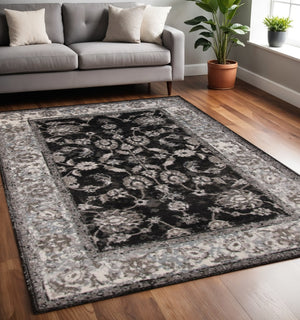 HomeRoots 5' Timeless Ivory, Black & Gray Oriental Area Rug - Durable, Stain-Resistant Elegance for Any Room 5' X 8' 531838