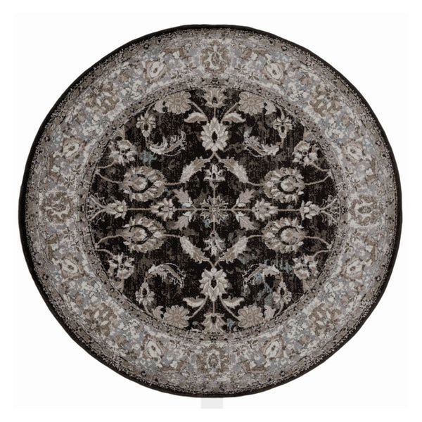 HomeRoots 5' Timeless Ivory, Black & Gray Oriental Area Rug - Durable, Stain-Resistant Elegance for Any Room 6' Round 531839