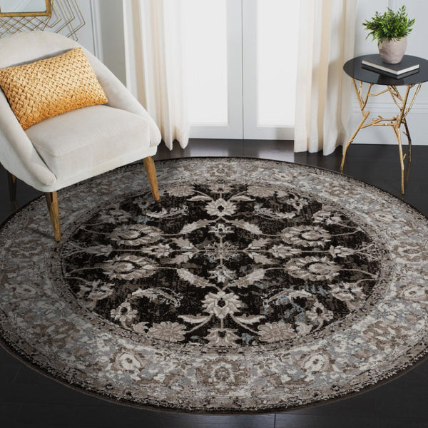 HomeRoots 5' Timeless Ivory, Black & Gray Oriental Area Rug - Durable, Stain-Resistant Elegance for Any Room 6' Round 531839