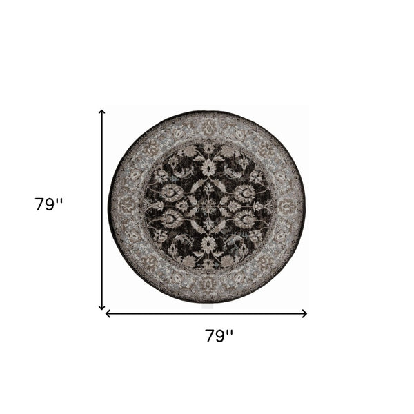 HomeRoots 5' Timeless Ivory, Black & Gray Oriental Area Rug - Durable, Stain-Resistant Elegance for Any Room 6' Round 531839
